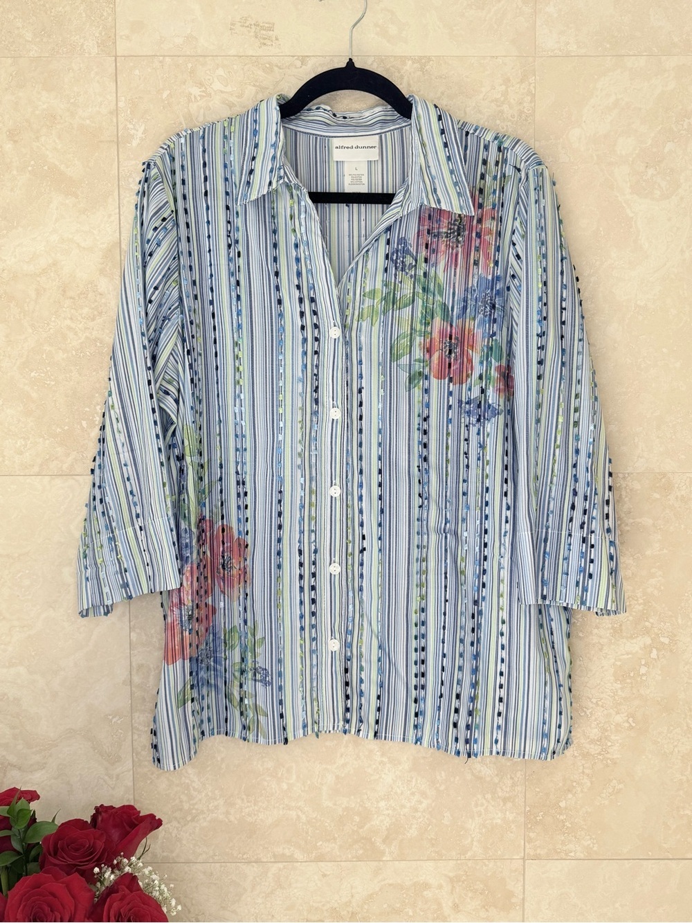 Alfred Dunner Striped Floral Button Front Blouse Top Women’s Large